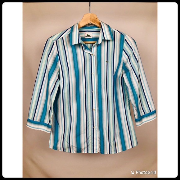Lacoste women’s shirt. Good condition. Size S, white and blue stripes. - Picture 1 of 5